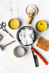 barbershop for men with tools on white background top view