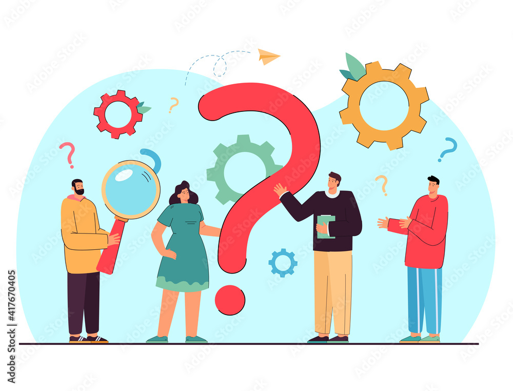 Aufkleber tiny people asking questions and getting answers isolated flat vector illustration. cartoon characte