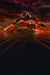 3d illustration, volcanic mountain on the shore of the lake, against the background of a scary sky in red color