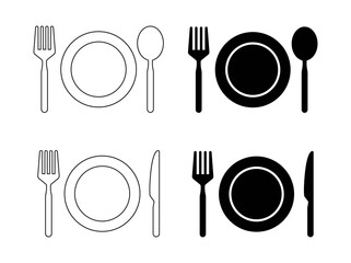 set of plate with fork, spoon and knife. cutlery and food icons. vector illustration.