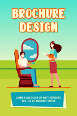 Naklejka premium Airplane passenger and stewardess wearing face masks and gloves. People on board during epidemic flat vector illustration. Virus, pandemic, protection concept for website design or landing web page