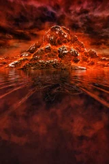 Poster 3d illustration, volcanic mountain on the shore of the lake, against the background of a scary sky in red color © pobaralia