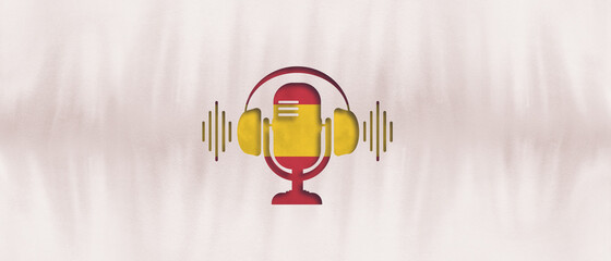 Fototapeta premium podcasting concept. Icon of a radio microphone with headphones. broadcasting banner. Spanish flag. Language course. culture and society.