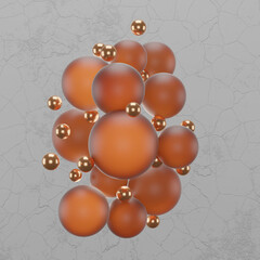 3d render, group of plastic and golden spheres on grey concrete background
