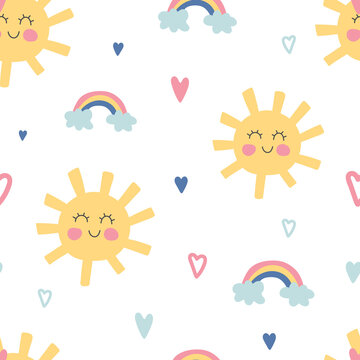 Funny sun and rainbow seamless pattern. Cute children texture. Kids nursery background in pastel colors. Baby shower decoration. Children room decor. Vector illustration
