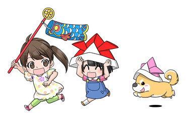 こいのぼりを持つ女の子と折り紙で作った兜をかぶった女の子と柴犬が走るイラスト	