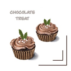 Cupcake with chocolate cream. illustration