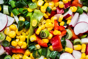 Salad with radishes, green onion, red pepper and corn kernels.