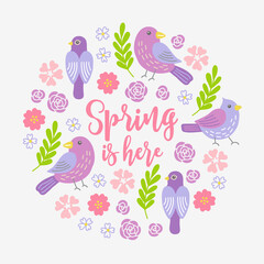 Spring greeting card with birds, blooming flowers, branches, leaves