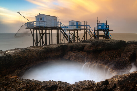 Fishing huts along coastline, Charente Maritime, France