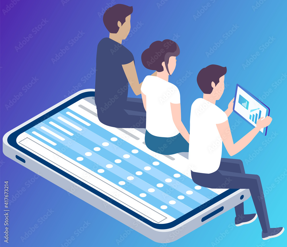 Poster man looks at tablet with increasing graph. application for studying. people sit at smartphone screen