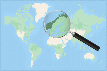 Map of the world with a magnifying glass on a map of Norway.