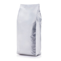 Foil paper food bag package of coffee, on white background Isolated. Mock up template for design. Product packing photo