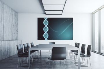 Creative concept with DNA symbol illustration on presentation screen in a modern conference room. Genome research concept. 3D Rendering