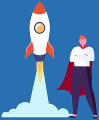 Super Hero businessman standing in red cloak near the rocket ready to take off on blue background. Successful super business man near flying space ship. Concept of inspiration, business start up