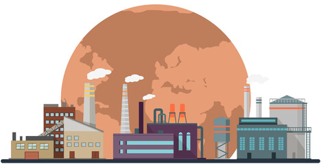 Obraz premium Manufactures and factories pollute air and atmosphere. Plants emit harmful substances, smoke and smog from pipes. Human activity destroys planet. Dried, hot and red world globe suffers from pollution