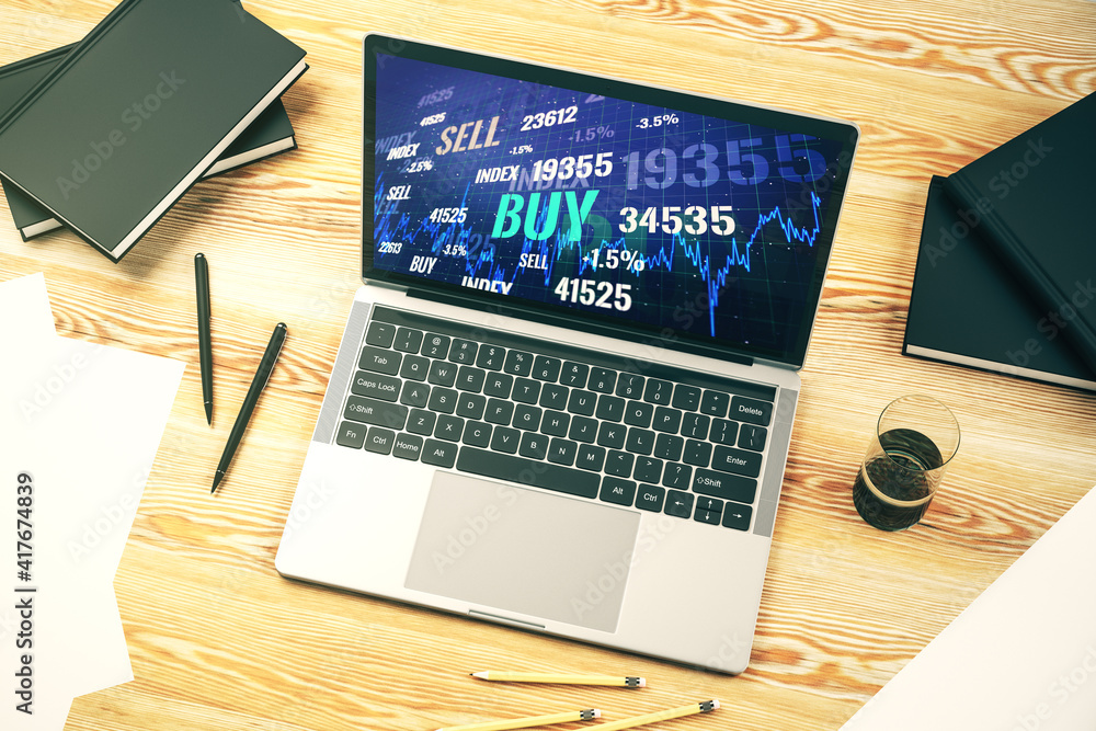 Poster computer monitor with abstract financial graph, finance and trading concept. 3d rendering