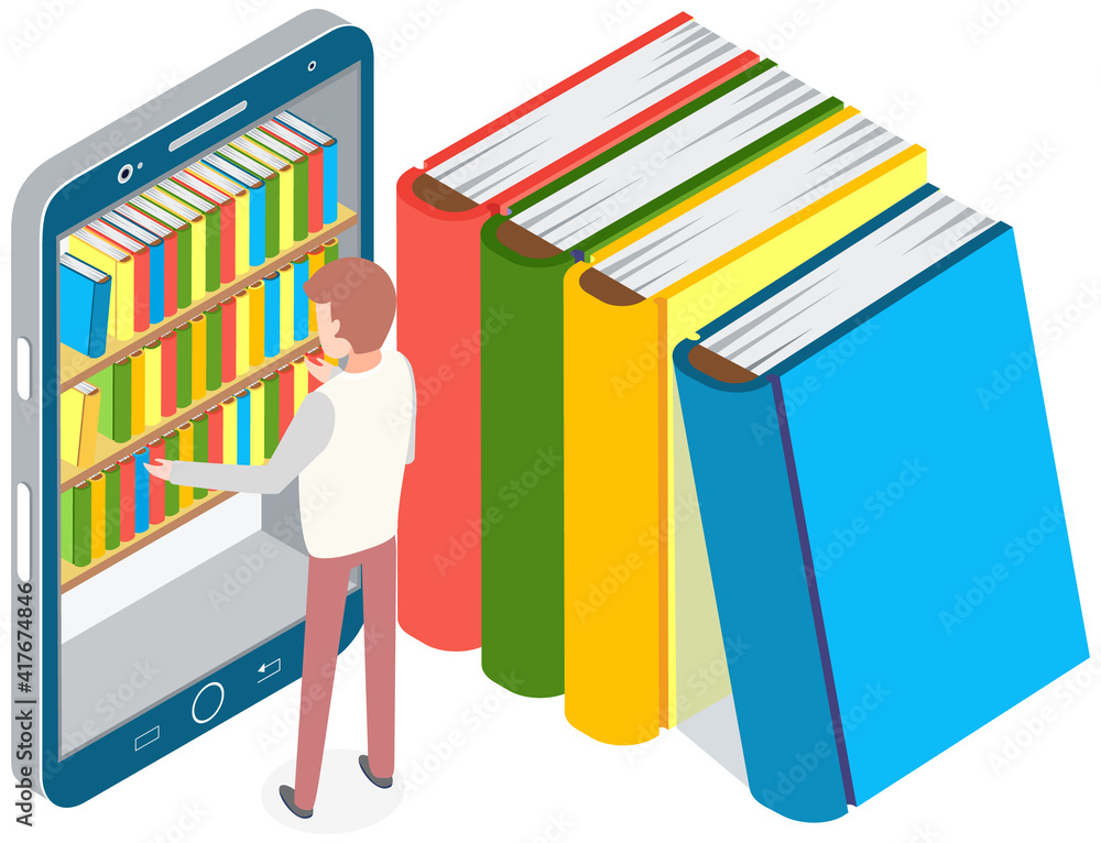 Poster person chooses book in digital online library on smartphone with app. distance education with modern