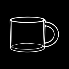 White hand drawn illustration of a glass transparent cup for hot tea or coffee isolated on a black background