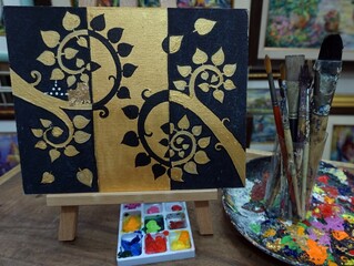    Original oil painting ,on canvas. ,Thai pattern ,  Palette , paintbrush 