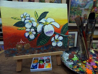   Palette and paintbrush , Art painting Oil color   frangipani flowers    Spa Massage From Thailand 