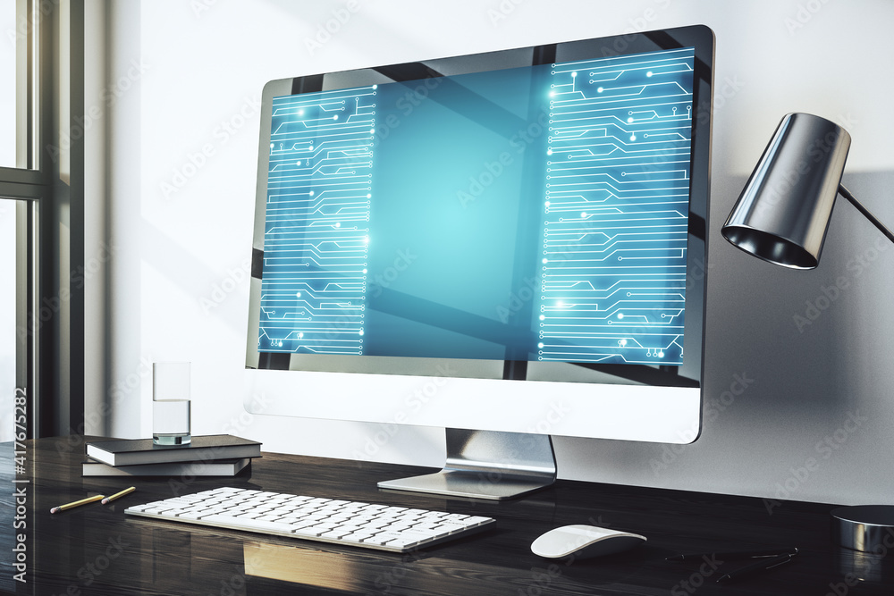 Poster creative concept of microscheme illustration on modern laptop screen. big data and database concept.