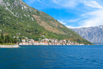 Perast old town, the Bay of Kotor, Montenegro. View of the town from the boat