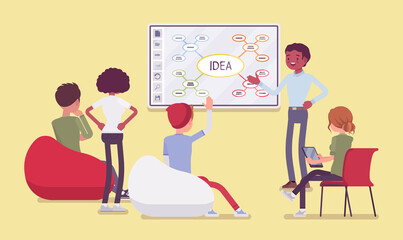 Interactive white board, smartboard presentation for start up. Young happy man, future entrepreneur standing at touchscreen, working with audience on new idea. Vector flat style cartoon illustration