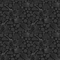 Seamless pattern with Hummingbird birds, clouds and flowers, light contour birds on a dark background