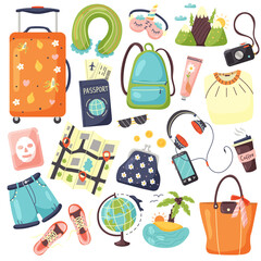 Set of travel items for recreation. Collection of vector elements for travel luggage. Objects for travel around the world