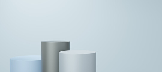 3 Empty gray and blue cylinder podium floating on white copy space background. Abstract minimal studio 3d geometric shape object. Pedestal mockup space for display of product design. 3d rendering.