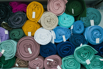 Drapery shop. Fabric rolls in textile store. Small business concept	