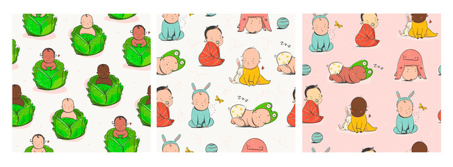Cute little newborn babies in a cabbage. Kids in different poses. Various nationalities. Different races. Hand drawn vector seamless patterns. Set of three Colorful trendy illustrations