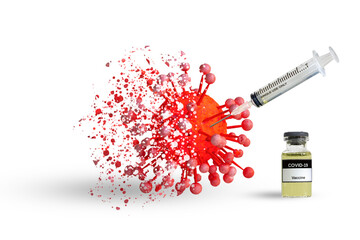 Concept coronavirus Covid-19 Vaccine in bottle and syringe during injection to destruction or...