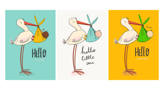 Cartoon stork carrying a cute newborn baby. Design template for greeting card or baby shower invitation. Set of three Hand drawn Vector trendy illustrations. Pre made cards