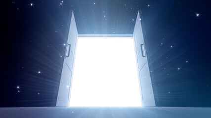 Door Opening to the brilliant Future, way to Heaven and Success. 3D illustration.