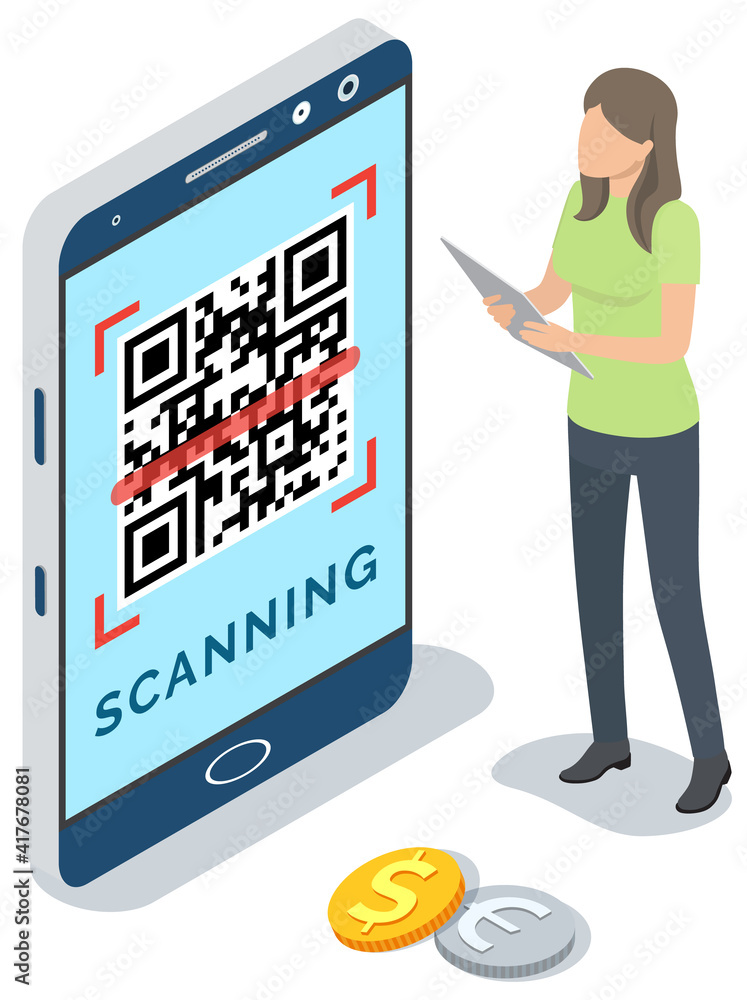 Poster businesswoman scanning qr code via mobile phone scanner device isometric vector illustration, future