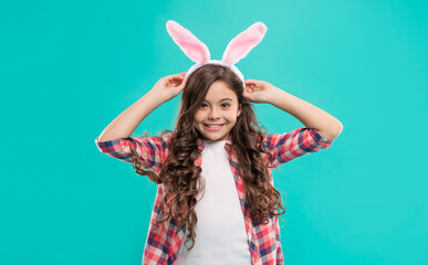 happy teen girl in funny bunny ears for easter holiday, happiness