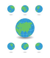 Realistic world map in the shape of a globe with shadow. Vector world map set. Set of globes on a white background. Flat. Vector illustration