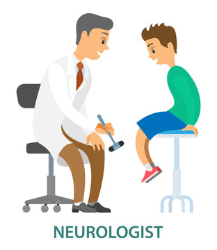 Patient doctor medical examination. Doctor neurologist examining a schoolboy for diagnosis in hospital room. Male doctor with neurological hammer isolated cartoon character on white background