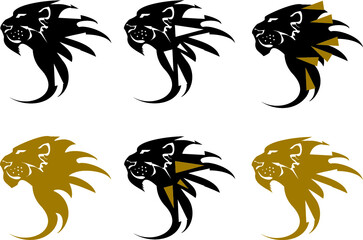 Lion head icons in black and golden colors. Flaming lion symbols on the white  for logos, tattoos, sport emblems, prints, embroidery, engraving, textiles, vinyl cutting, etc.