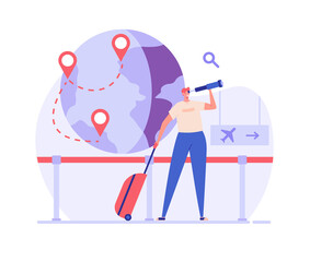 Immigration illustration. Man moving to foreign country. Tourist with luggage in airport. Concept of international migration, emigration, travel around world. Vector illustration for web design