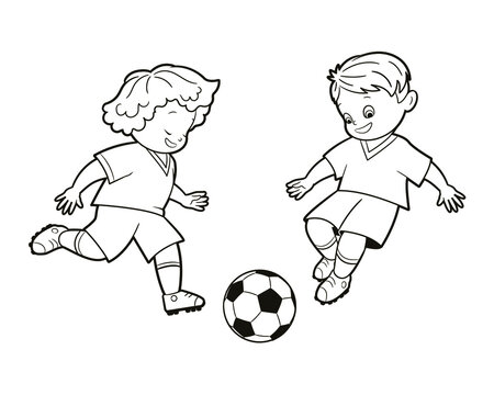 Coloring book: guys, boys in the sports uniform of football players, playing a soccer ball. Vector illustration in cartoon style, isolated black and white line art