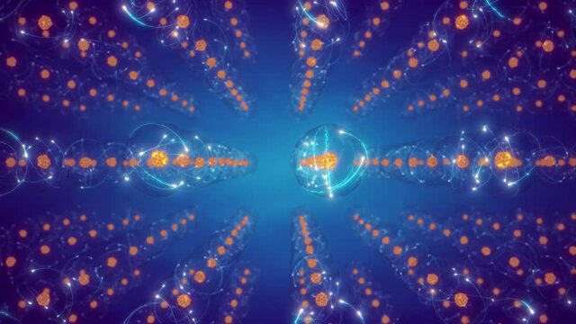 Animation of atoms and their electron clouds arranged in crystal structure. Quantum mechanics and atomic structure concept.