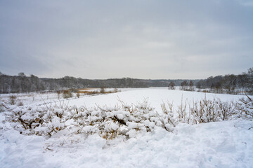 A winter landscape covered in snow on a crispy cold winter day. Picture from Scania county, Sweden