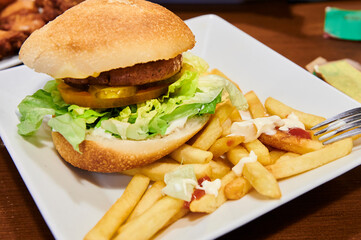 Hamburger with lettuce and pickles on white plate with french fries with tomato sauce