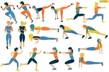 Set of sporty girls in modern colors. Sports activities. Vector set.