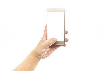 Holding a smart blank phone with golden border isolated on white background