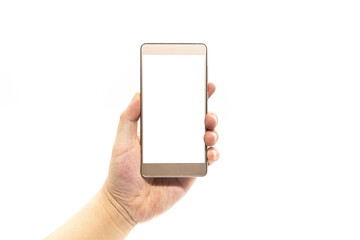 Holding a smart blank phone with golden border isolated on white background
