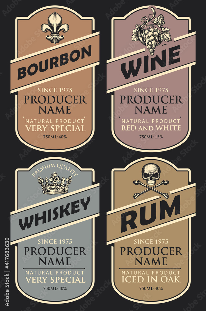 Poster set of four vector labels for various alcoholic beverages in the figured frames on a black backgroun